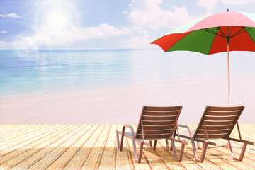Beach rest chairs on the seashore with umbrella. Spring time. 3d rendering.