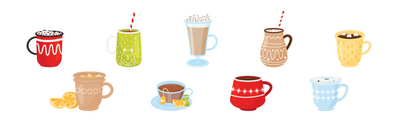 Autumn Hot Drinks in Glass and Mug with Straw Vector Set