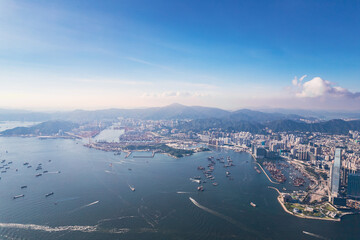 Naklejka premium Epic aerial view of the famous landmark of Hong Kong. Victoria Harbour