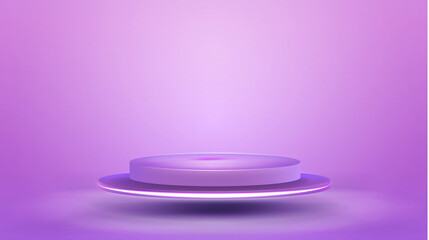 Realistic 3d cylinder pedestal podium on pastel pink background. Abstract geometric violet platform with neon line lamp.