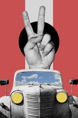 Digital collage with old rusty car and hand showing victory sign	