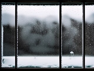 Raindrops on glass window. Blur. Bokeh. Gloomy and overcast mood. 