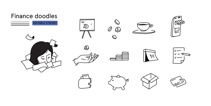 Marketing Financial And Business Icons Set Editable Stroke Line Vector Hand Drawn In Doodle Style Isolated