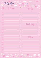 Vector illustration of page for daily plan with spring pattern on pink background. Cute planner for women or girls