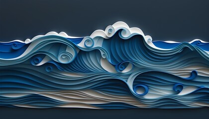 Detail paper craft wave background with paper cut shapes.  Blue water wave paper cut decor - Generative AI