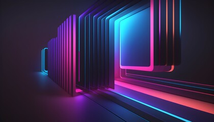 3D abstract background, digital futuristic concept, blue and pink neon colors lighting. Geometric shapes elements, cubic, glow effects  - Generative AI 