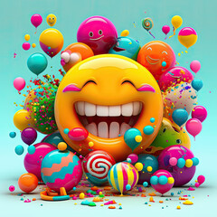 Childhood happiness 3d composition with smile, emoji, lollipops, sweets emotions