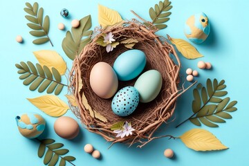 Easter poster and banner template with Easter eggs in the nest on light blue background.Greetings and presents for Easter Day in flat lay styling.Promotion and shopping template for Easter