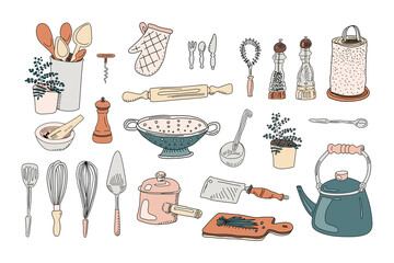Kitchenware set. Cooking tools doodle sketch elements.