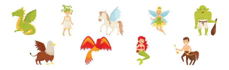 Mythical Creatures with Medusa Gorgon, Fairy, Green Troll, Centaur and Mermaid Vector Set