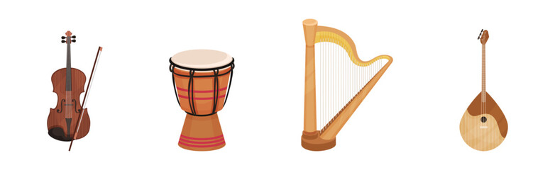 Musical Instrument with Stringed Violin, Drum, Harp and Balalaika Vector Set