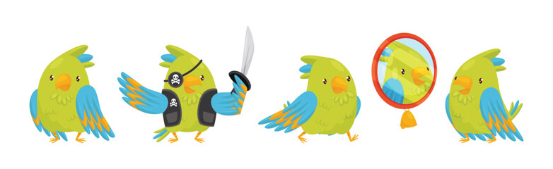 Funny Parrot with Green Feathers in Different Activities Vector Set