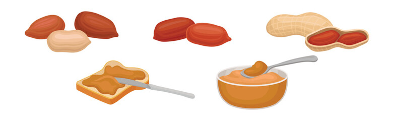 Peanut Product with Butter in Bowl and Spread on Bread Vector Set