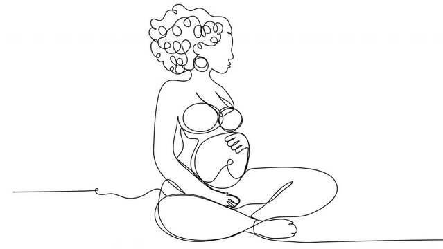 Self-drawing pregnant woman in lotus position by one line on white screen. The concept of women's health and procreation. 4k new life whiteboard with alpha channel. Stock video loop.