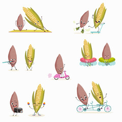 Illustration set, collection with funny  potato, crop,  yam, sweet potato, corn, cob,  maize, corncob characters doing sports, playing musical instruments, riding. Funny and healthy food. Cute face fo