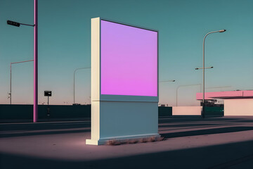 Blank billboard mockup for advertisement in post apocalyptic city, vaporwave colors, Generative AI