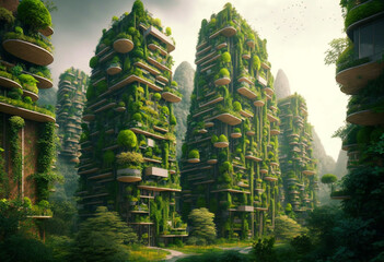 Obraz premium A Splendid Eco-Friendly Urban Landscape: AI-Generated Render of a Renewable, Natural Cityscape