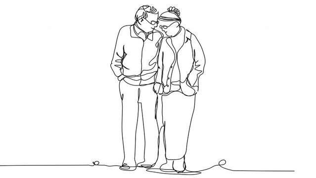 Self-drawing A pair of elderly people holding hands in full length. Animation of pensioners in love in one line. Stock 4k video of family treasures with alpha channel.