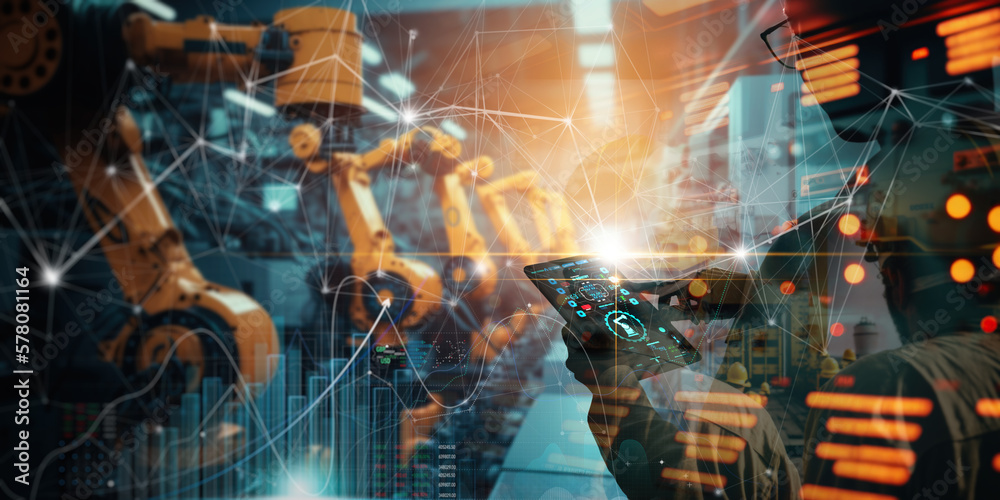 Poster Manager engineer check and control automation robot arms machine Innovation of robotics and digital manufacturing on global network and monitoring software.  operation on futuristic and industry 4.0.