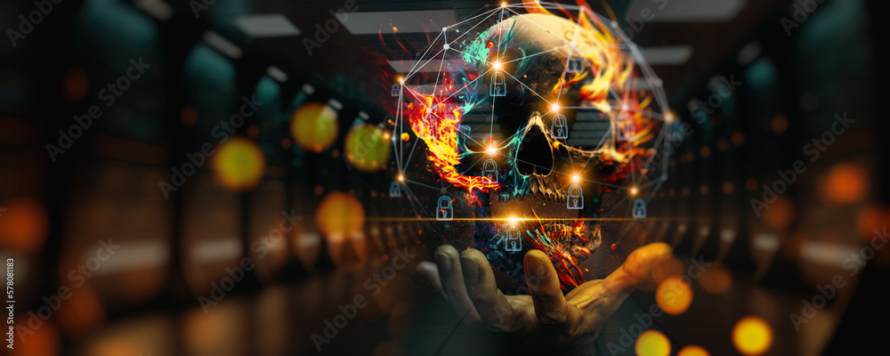 Poster Businessman using computer skull icon on fire set up network connection with shield guard to protected from cyber attacks. Network security system concept