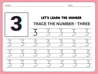 Trace and write the number 3. Handwriting practice. Learning numbers for kids. Education developing worksheet. Activity page. 