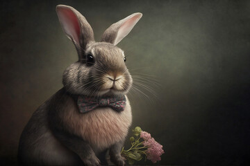 Easter Bunny next to eggs and flowers. Festive spring concept with rabbit. Generative AI