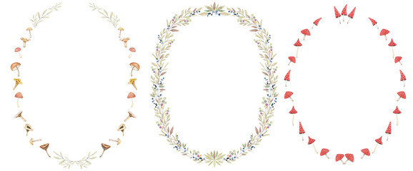 Tiny watercolor greenery and mushrooms oval frames