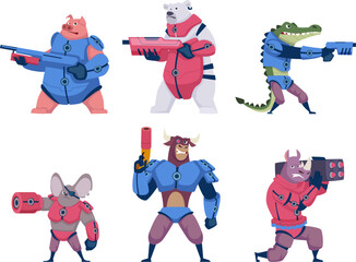 Animal warriors. Fantasy zoo characters in aggressive action poses equipment in armored costumes holding weapons exact vector cartoon animals