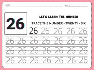 Trace and write the number 26. Handwriting practice. Learning numbers for kids. Education developing worksheet. Activity page. 