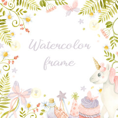 Floral watercolor frame with unicorn, fairy dust, birthday cap and cake