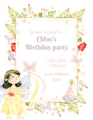 Watercolor birthday frame with botanical elements, Asian fairy girl, birthday cap and butterfly. Invitation template