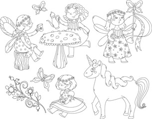 Fototapeta na wymiar Black outlines fairies at tea party with unicorn, butterfly wand and floral branch for coloring page 