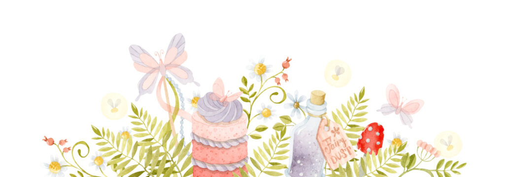 Watercolor cake with cream, fairy dust bottle, butterfly, ferns and mushrooms banner