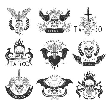 Tattoo labels. Badges for human skin recent vector fashioned templates of creative labels