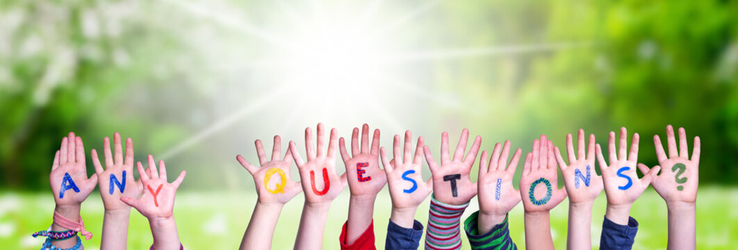 Children Hands Building Word Any Questions, Grass Meadow
