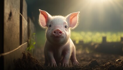 Adorable baby pig is on a farm. Created with Generative AI.