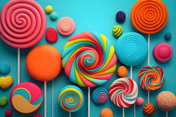 Fototapeta na wymiar Delicious lollipops on light blue background. Colorful lollipop background, banner for design, illustrations. Plenty of multicolored lollipops and candies. Generative AI
