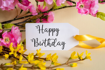 Spring Flower Decoration, Label With English Text Happy Birthday