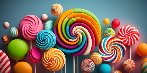 Fototapeta na wymiar Various lollipops, marshmallow and candy on light blue background. Colorful lollipop background, banner , for design, illustrations. Plenty of multicolored lollipops, zephir and candies. Generative AI