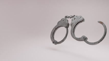 Old handcuffs one is open and second is closed ring 3d render illustration with empty space on white background