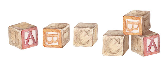 Watercolor vintage illustrations with childrens wooden cubes with letters and pyramid Isolated on white background.