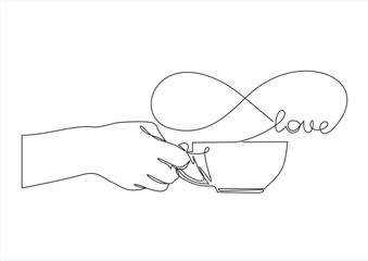 Single one line drawing hand holding cup of hot coffee or tea. Continuous line draw design graphic vector illustration.the word forever on it.
