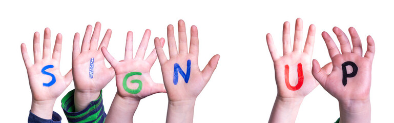 Children Hands Building Word Sign Up, White Background