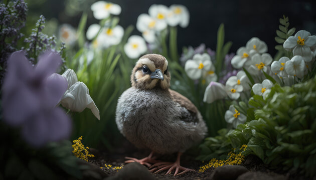 "Easter Chicken in a Spring Garden" - a charming wallpaper background featuring an image of a cute Easter chicken surrounded by blooming flowers and lush greenery