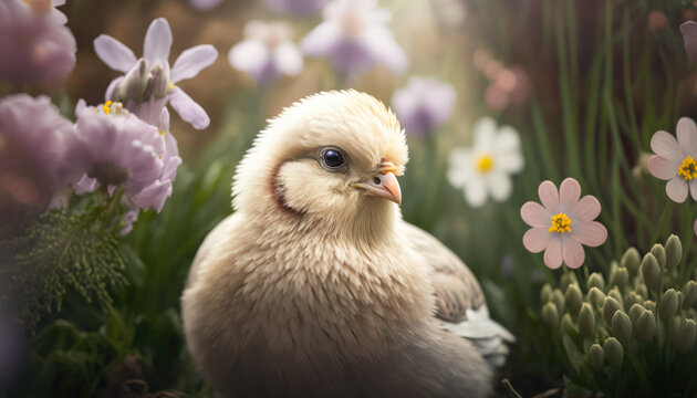 "Easter Chicken in a Spring Garden" - a charming wallpaper background featuring an image of a cute Easter chicken surrounded by blooming flowers and lush greenery