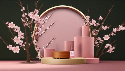 Beautiful background of sakura and coasters. Spring, perfume, 3d. High quality illustration