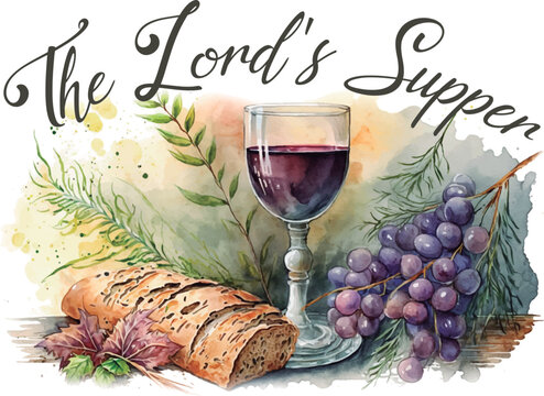 Watercolor drawing centered on bread and a glass of wine. The Lords Supper. Artwork design, illustration for t shirt printing or poster.