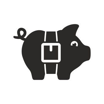 Tight budget icon. Shrinking economy. Recession. Piggy bank squeezed by leather belt. Vector icon isolated on white background.