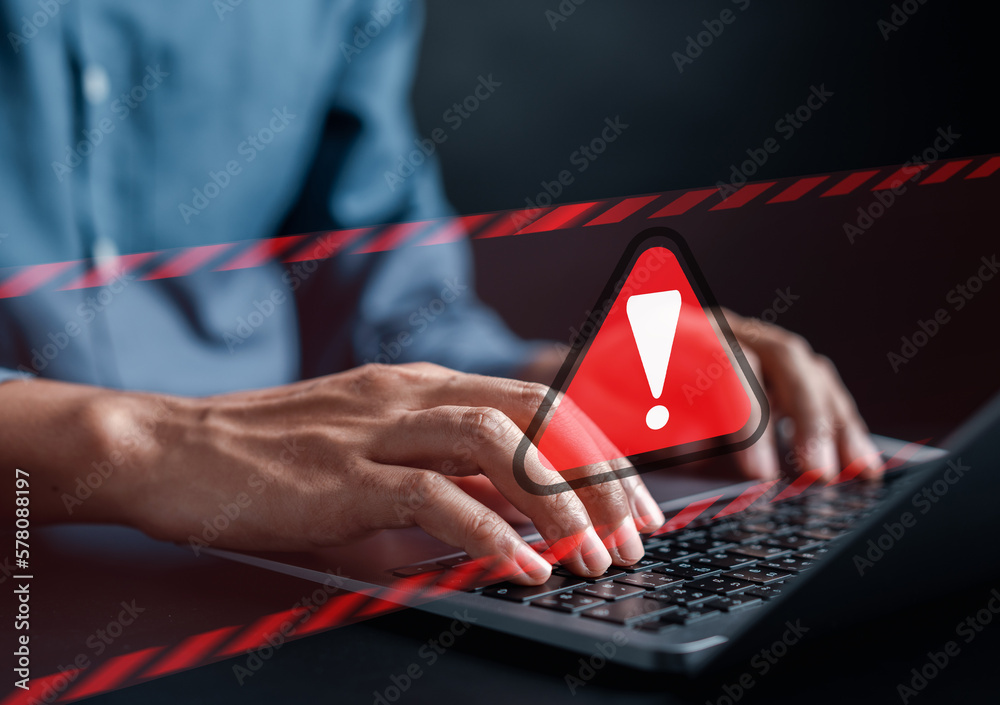 Aufkleber System warning caution sign for notification error and maintenance concept. cyber attack on computer network. Cybersecurity vulnerability, data breach, illegal connection, compromised information.