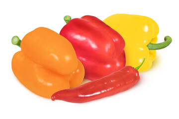 Peppers on an isolated white background. Red, yellow, and orange bell and chili peppers